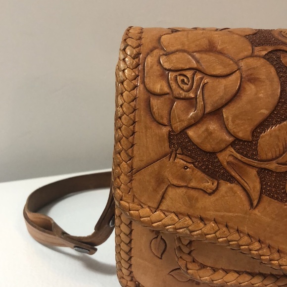VTG Carved Tooled Leather Purse Bag Roses Horse Adjustable Strap Equestrian Boho - Picture 3 of 11